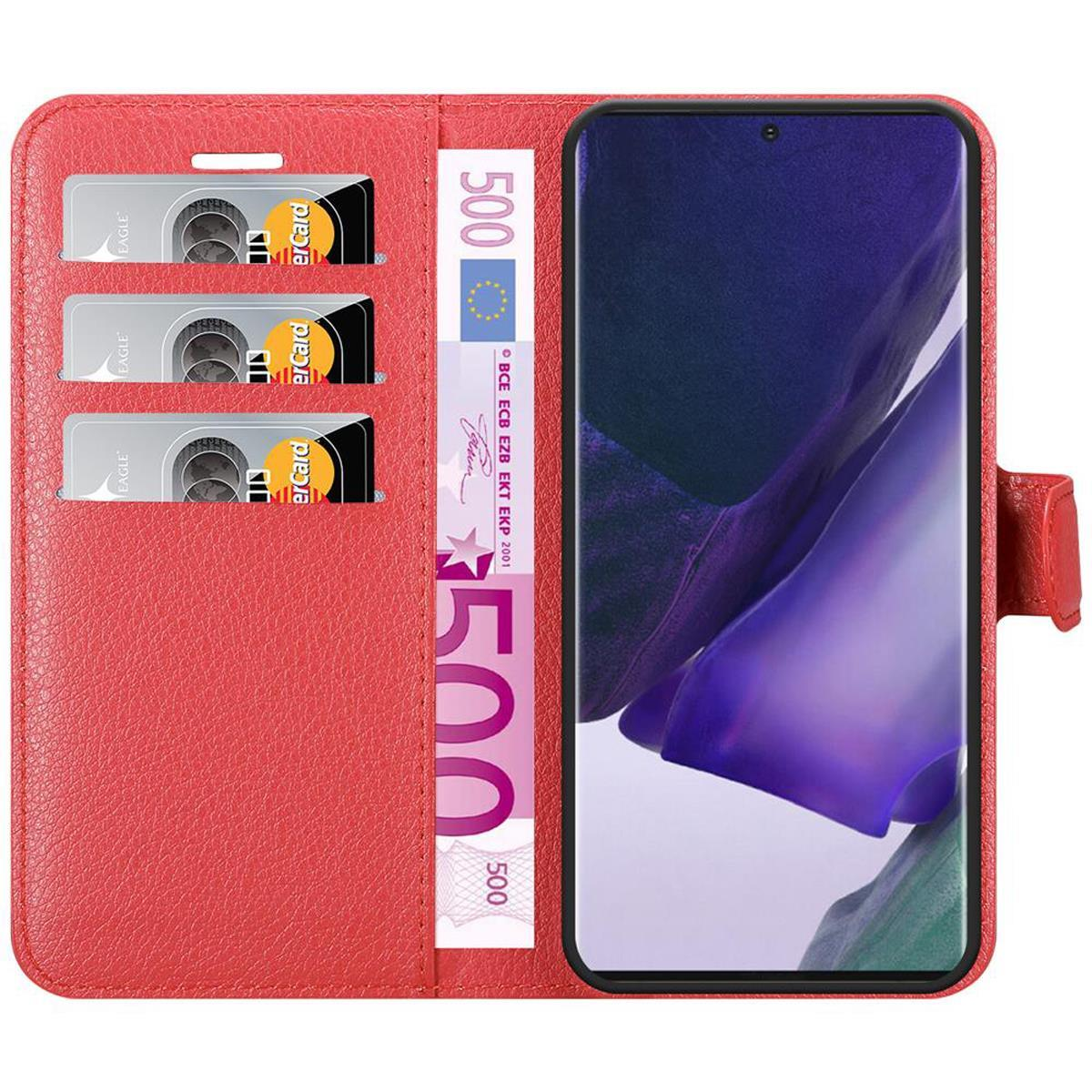 Eine rote Handyhülle mit drei Kartenfächern und einem Geldfach. Ein Telefon ist sichtbar.