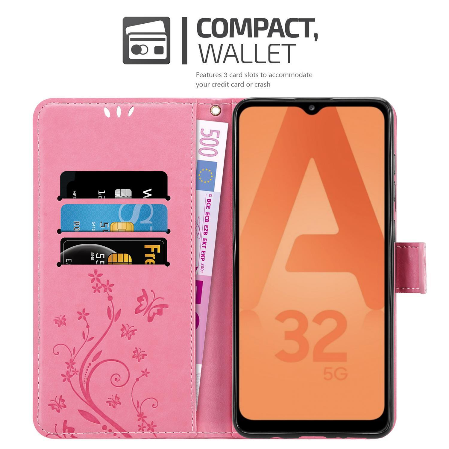 Portafoglio per telefono rosa con carte, denaro e telefono. Design floreale a sinistra.