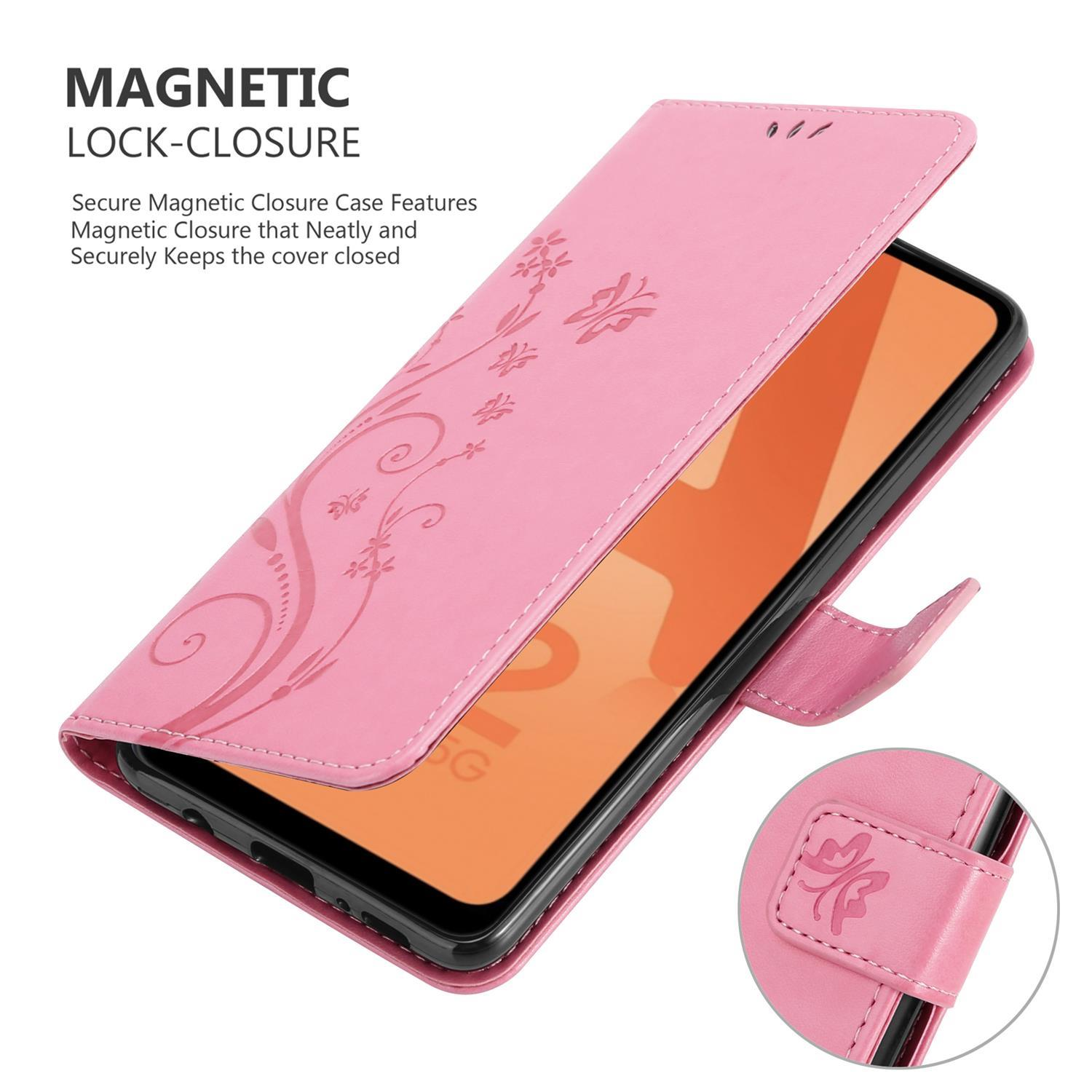 Custodia rosa per telefono, aperta, con un telefono all'interno. Testo: MAGNETIC LOCK-CLOSURE.