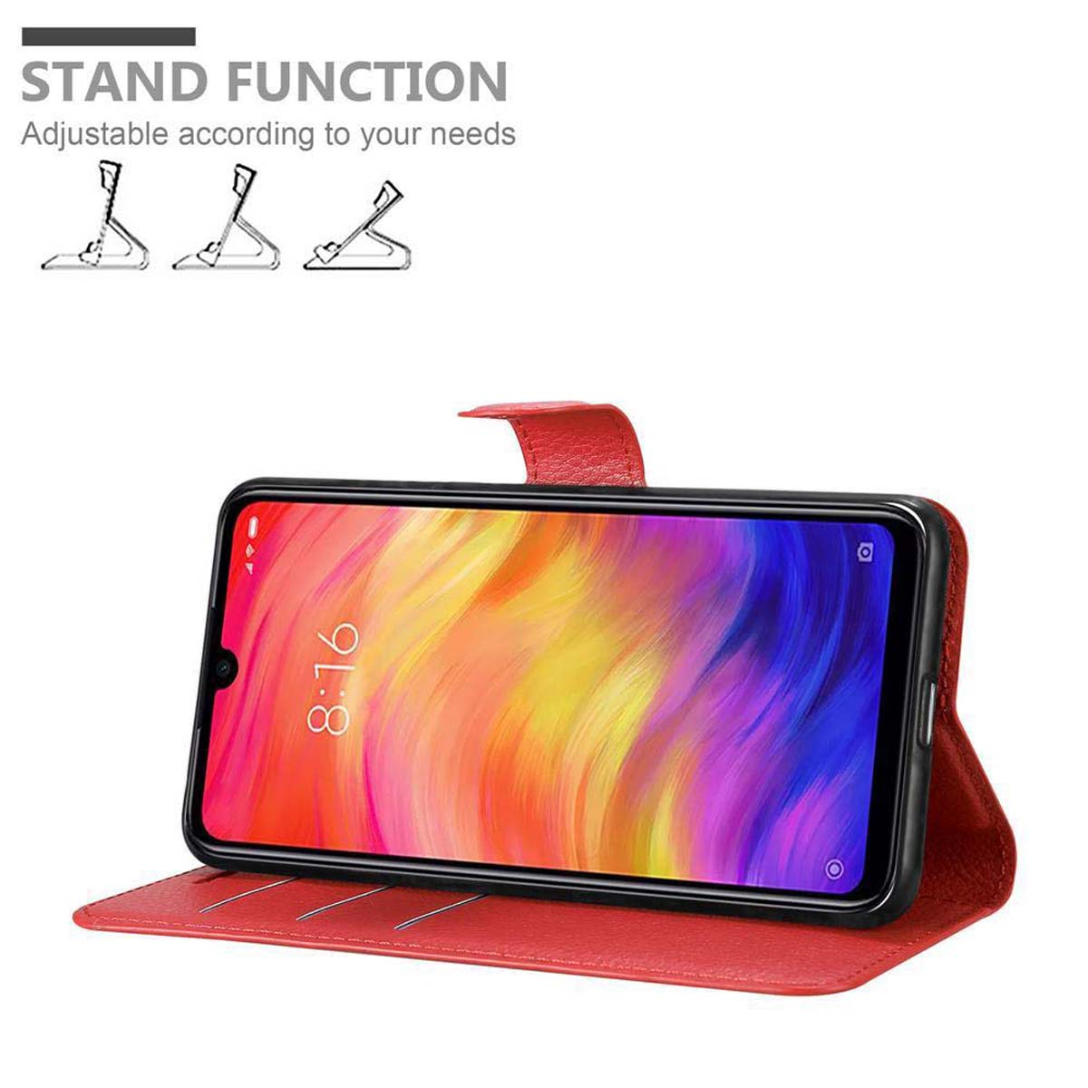Custodia per telefono rossa, il telefono è nella custodia. Il telefono è in posizione stand. Funzione stand mostrata.