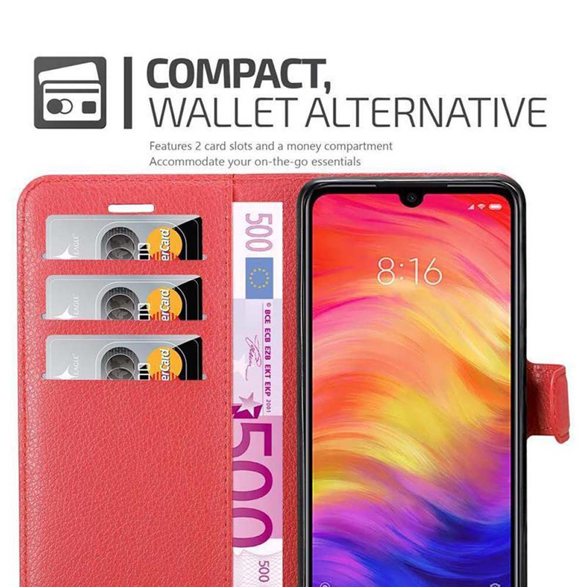 Custodia a portafoglio rossa aperta. Telefono, carte di credito e contanti visibili. Alternativa compatta.