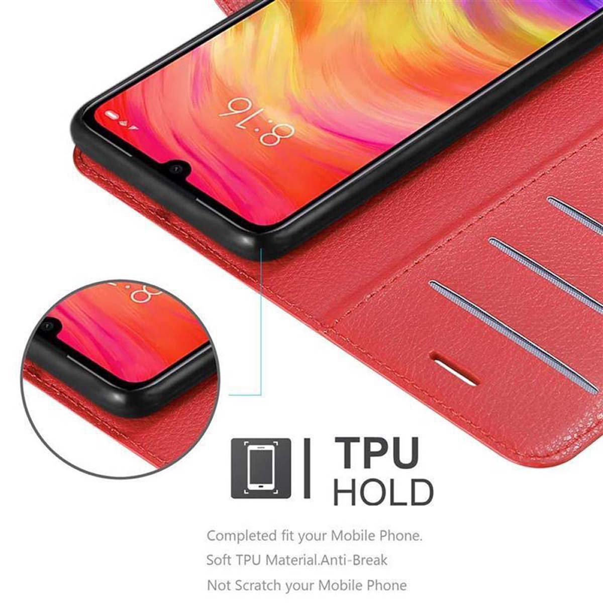 Custodia rossa per telefono con telefono all'interno e un'etichetta TPU HOLD. Lo sfondo è bianco.