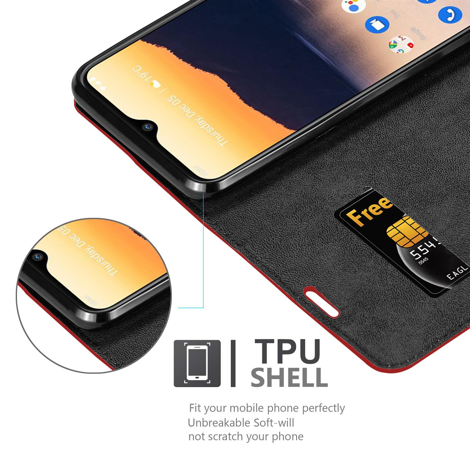 Schwarze Handyhülle offen, rotes Innere, Telefonbildschirm an, mit SIM-Karte. Text: TPU SHELL.