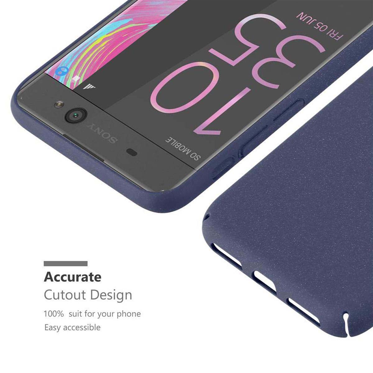 Custodia blu con telefono, schermo mostra data e ora; testo bianco sul design preciso.