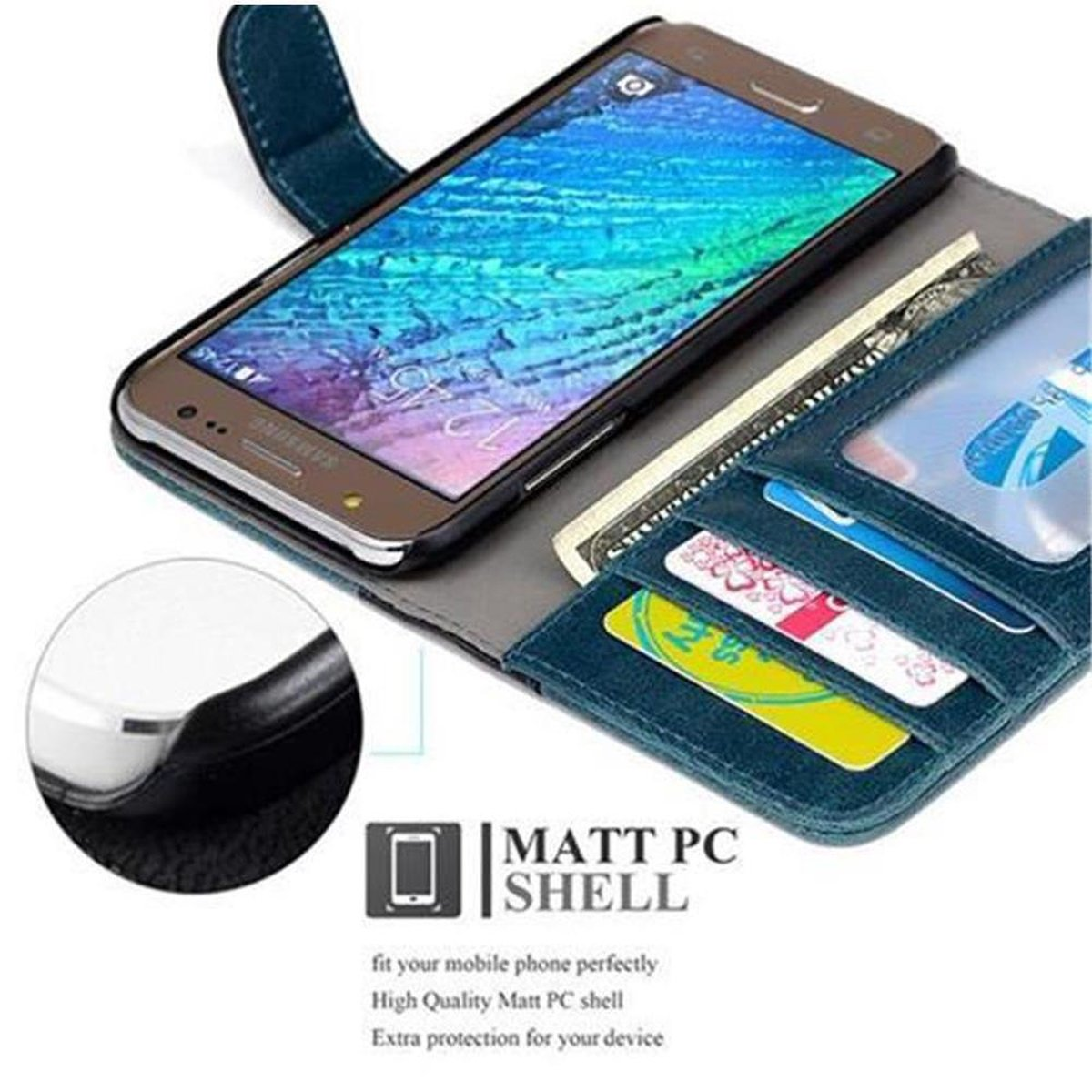 Un telefono in una custodia blu e grigia. All'interno della custodia ci sono carte e denaro. La custodia è aperta.