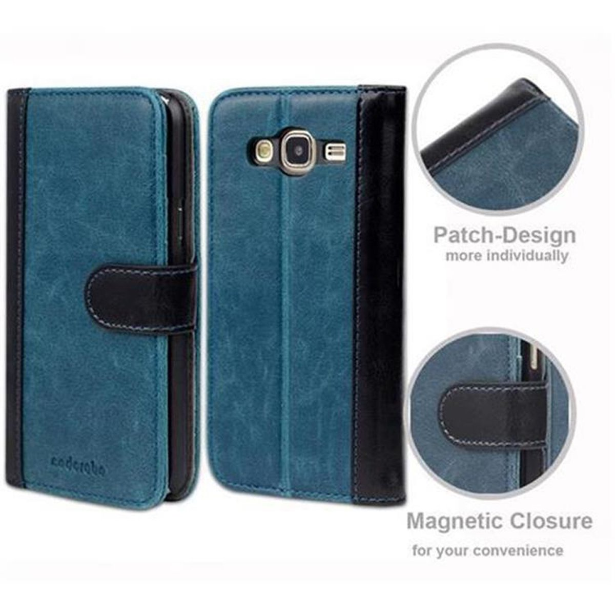 Custodia blu con accento nero, con telefono all'interno, con chiusura magnetica e bottone.