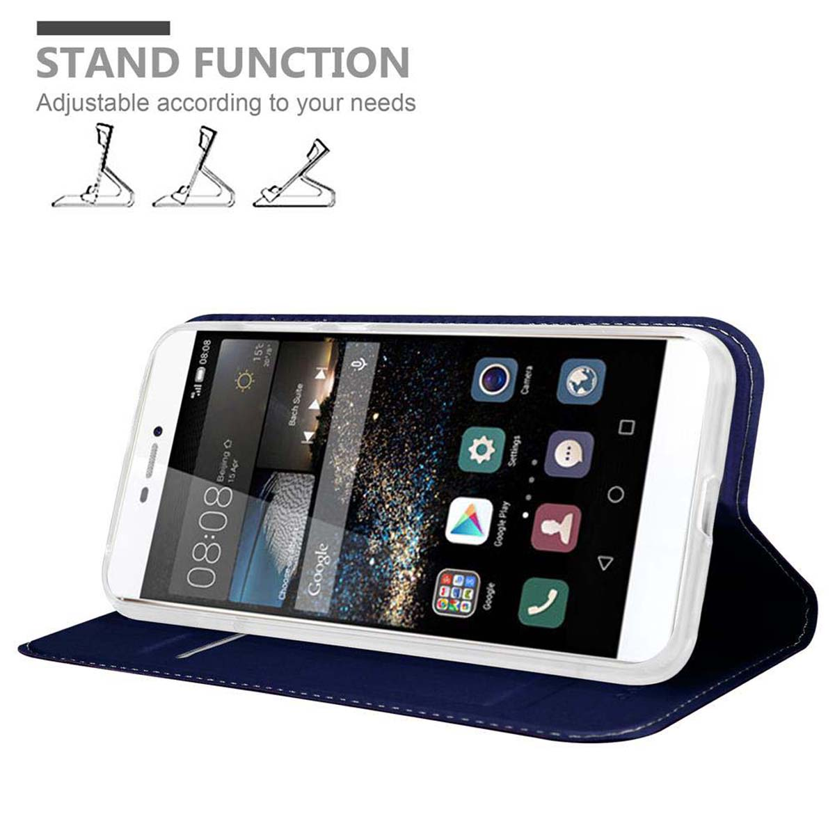 Custodia blu aperta con un telefono bianco all'interno. Il telefono mostra le app di Google e l'orologio. Testo: STAND FUNCTION.