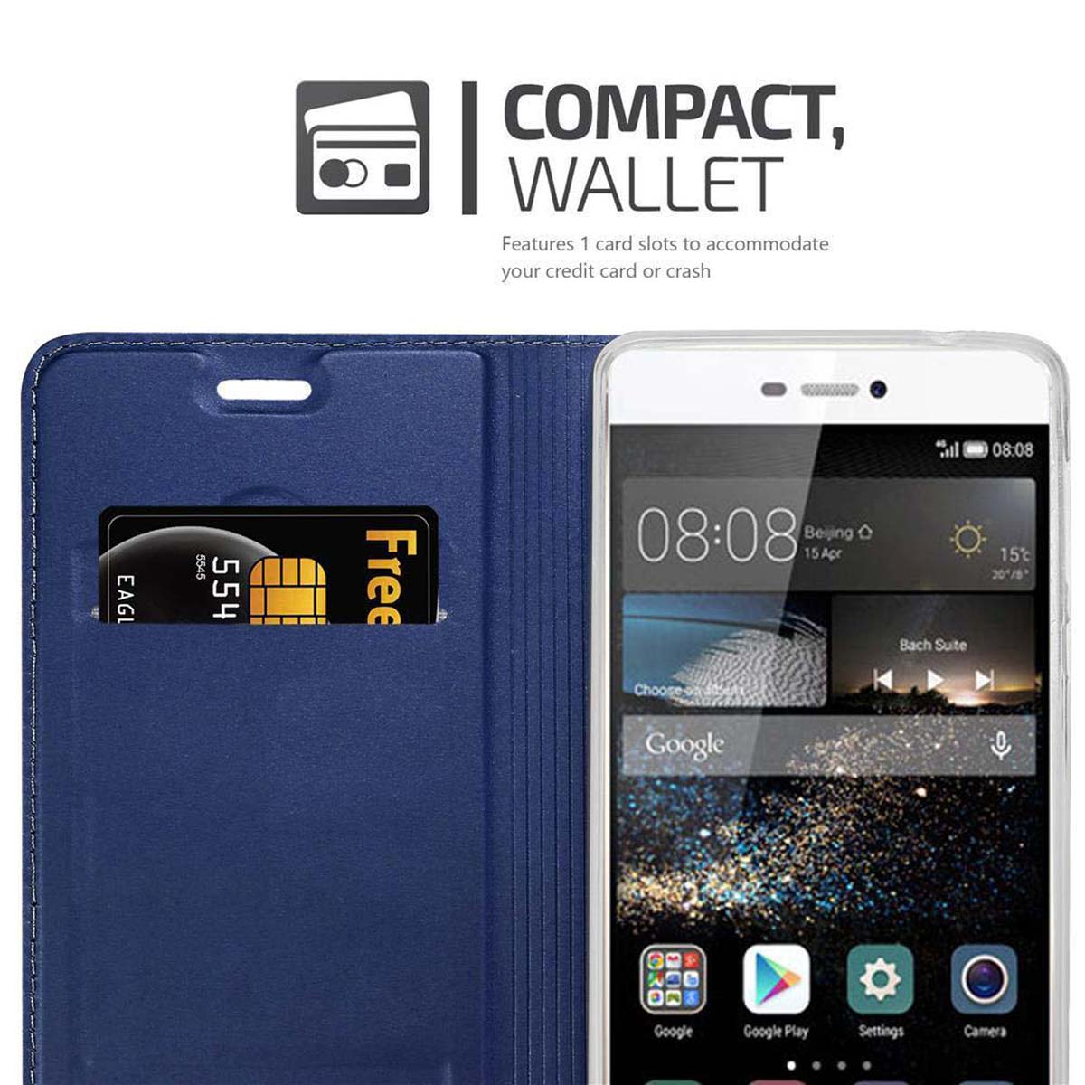 Una custodia a portafoglio blu è aperta, con un telefono e una carta all'interno. La carta indica 5545. La custodia è blu.