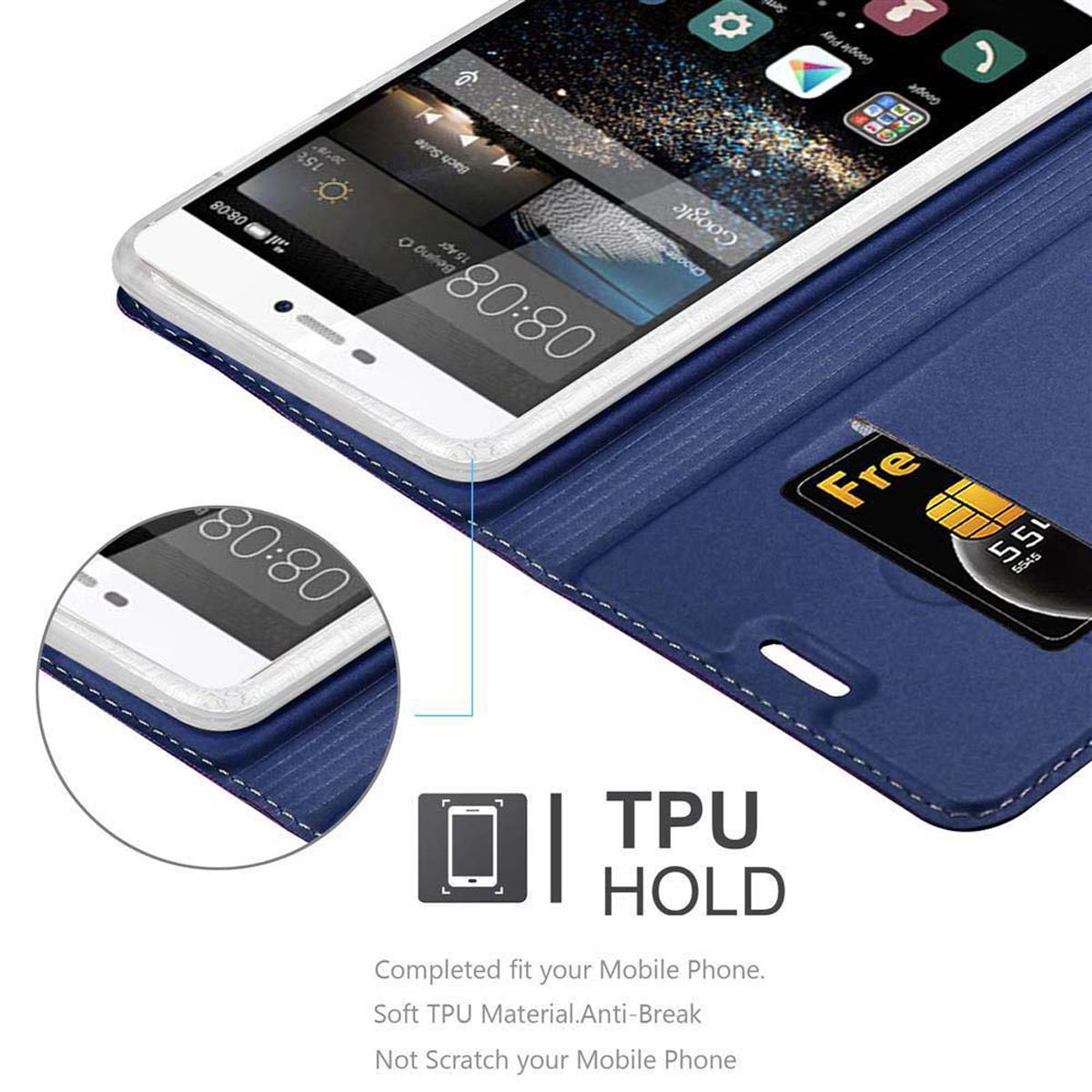 Una custodia blu per telefono con un telefono all'interno. Il telefono visualizza l'ora e le icone. Testo: TPU HOLD.