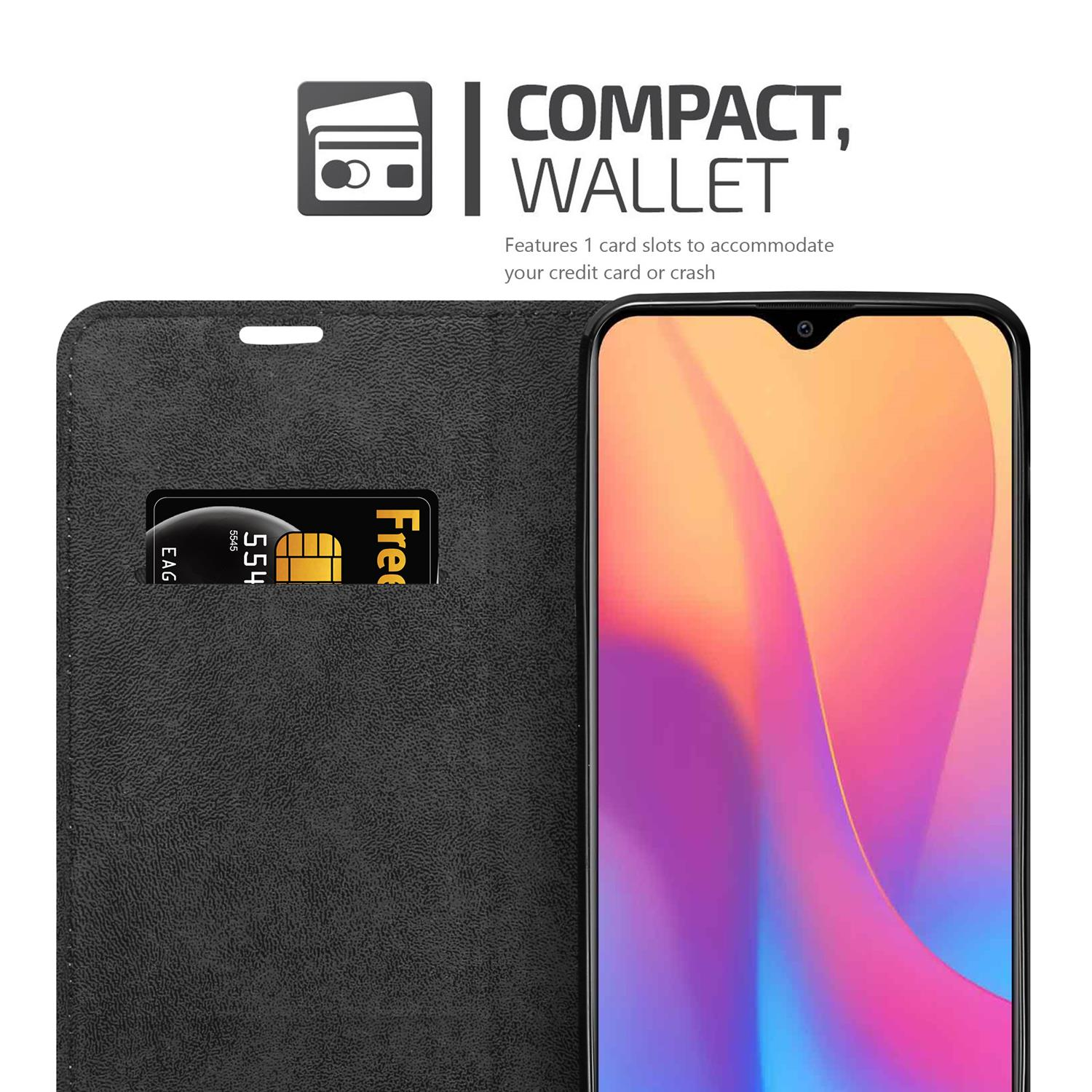 Portafoglio nero con un telefono e uno slot per carte. Lo schermo del telefono è acceso.