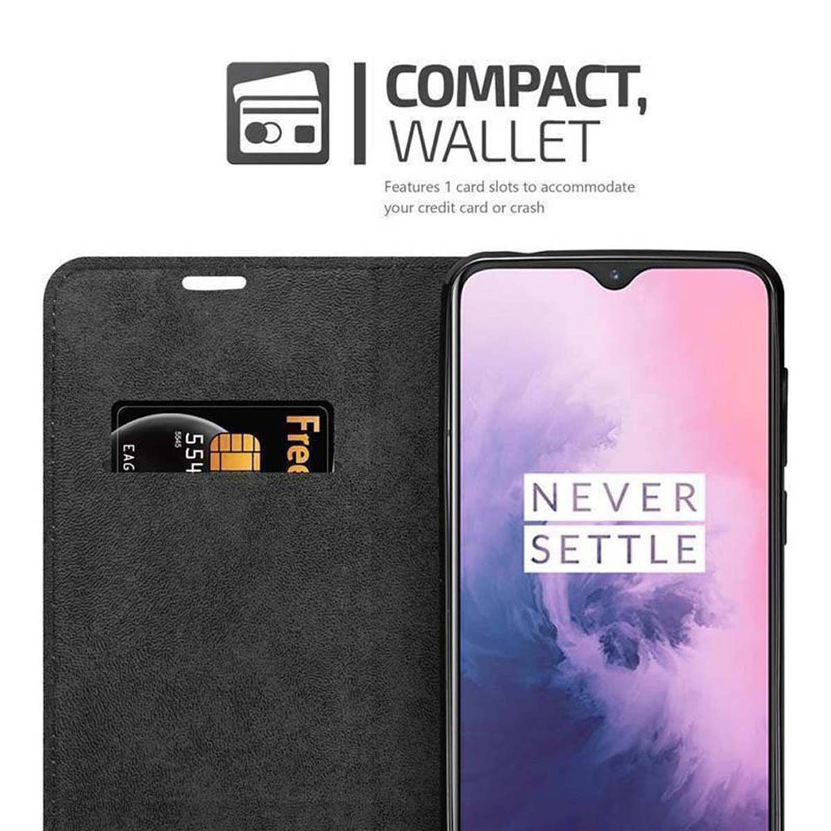 Schwarze Handyhülle mit Kartenfach. Telefon zeigt 'Never Settle'.