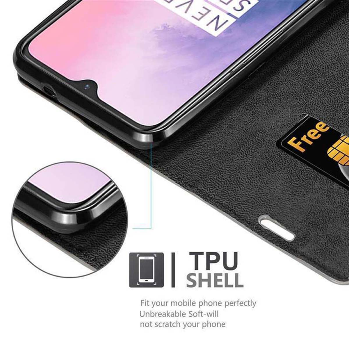 Eine schwarze Handyhülle mit einem Telefon und einem Etikett mit der Aufschrift TPU SHELL. Eine Karte befindet sich darin.