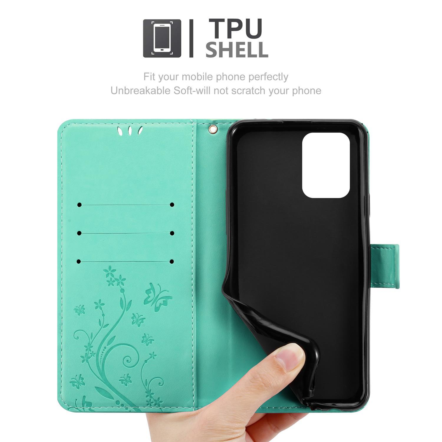 Custodia turchese, aperta, con telefono. Testo: Guscio TPU, infrangibile, morbido. Design floreale.