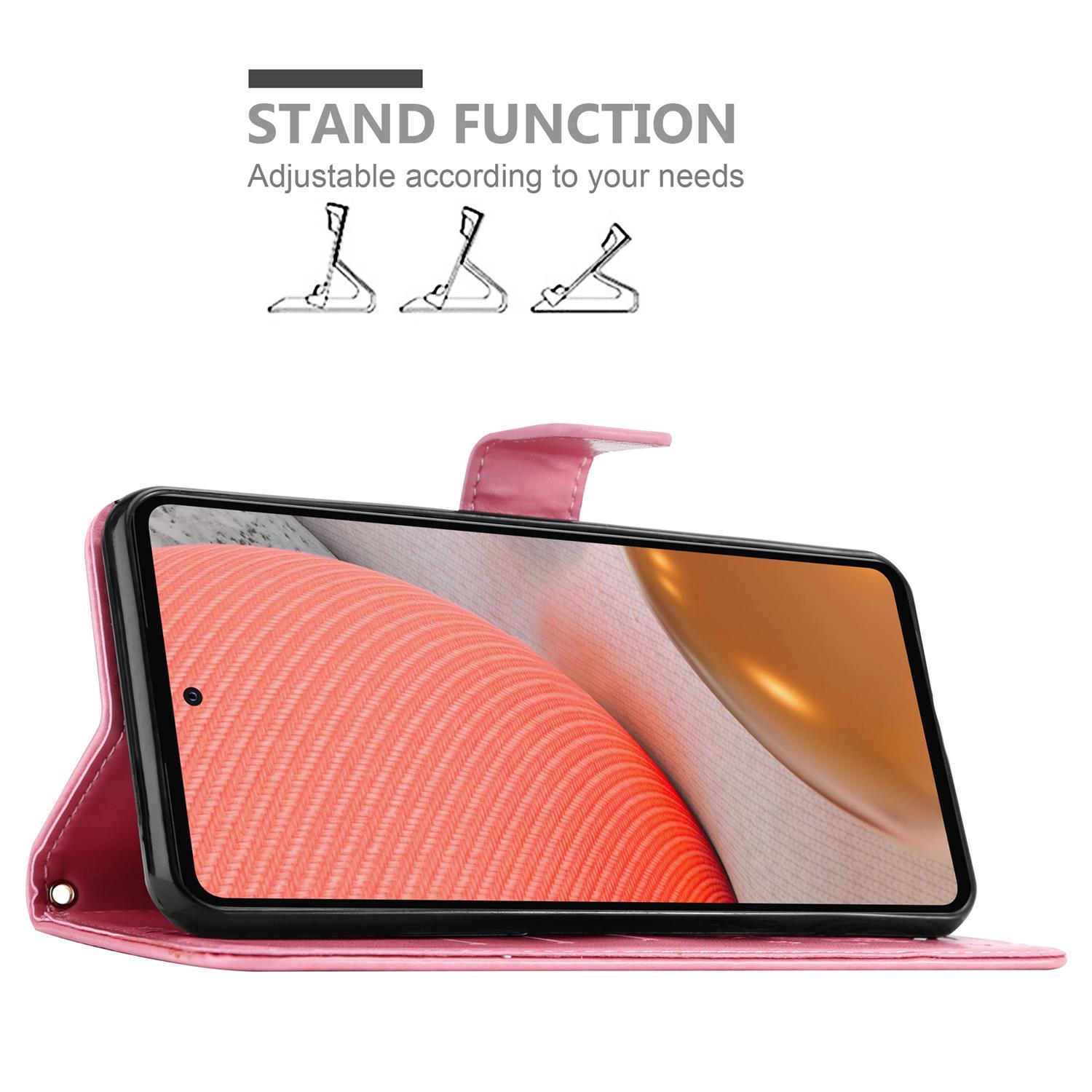 Custodia rosa per telefono, aperta, con telefono dentro. Testo: Funzione supporto.