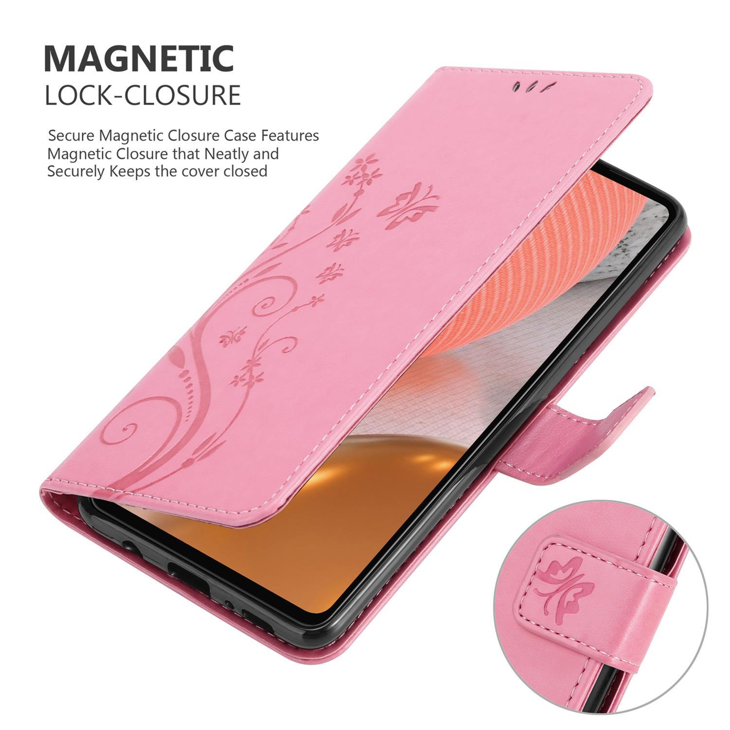 Custodia rosa per telefono aperta, con un telefono all'interno. Design floreale sulla custodia. Testo 'MAGNETIC LOCK-CLOSURE'.