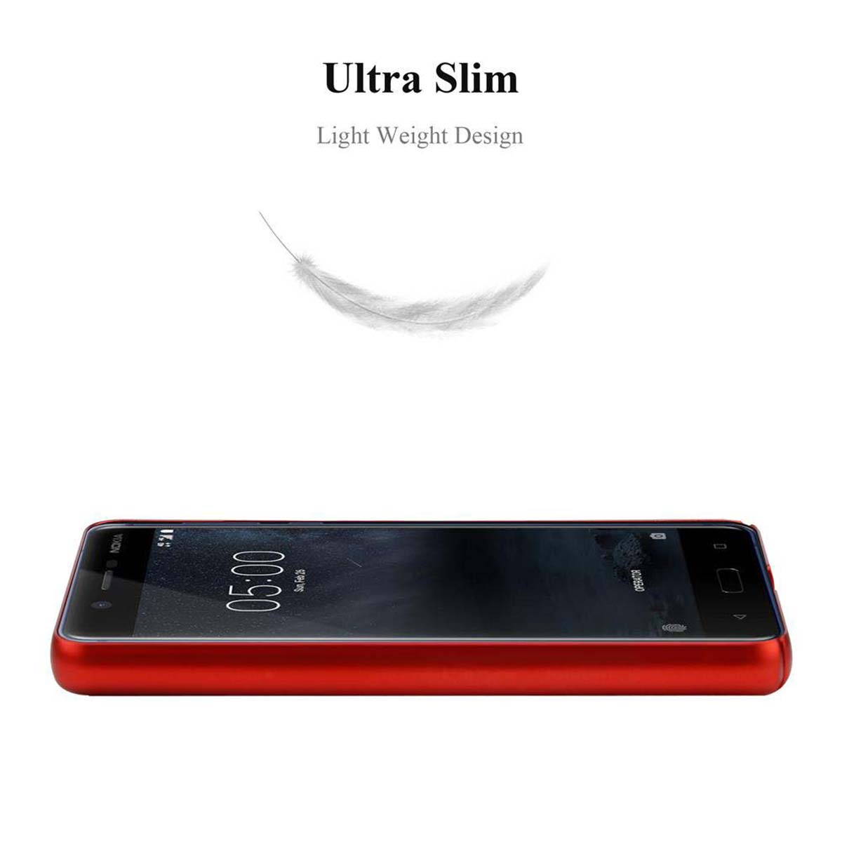 Un telefono rosso su sfondo bianco. Una piuma fluttua sopra il telefono. Testo ultra sottile.
