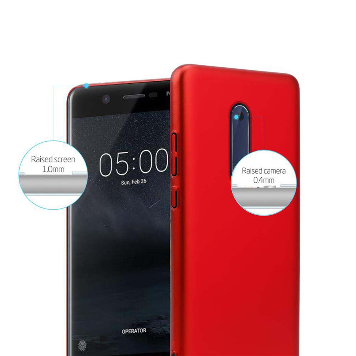 Custodia rossa con telefono, il telefono ha uno schermo nero.