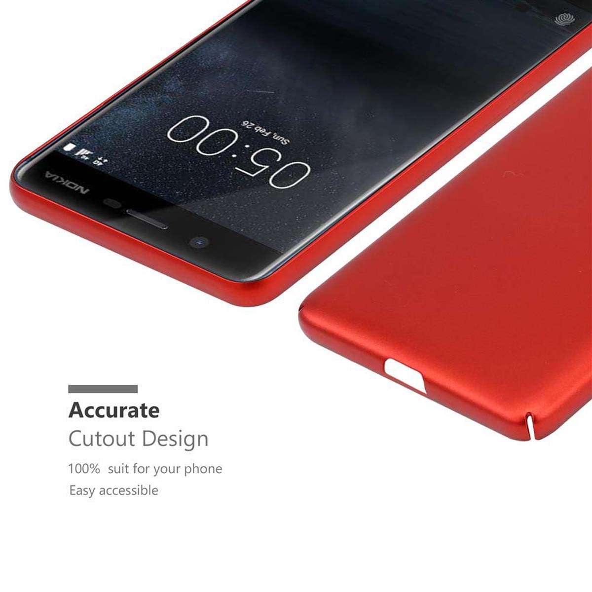 Custodia rossa per telefono con telefono all'interno. Design preciso del ritaglio, per una facile accessibilità.