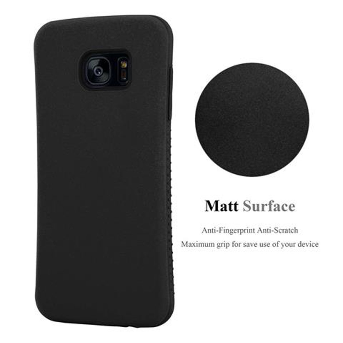 Custodia per telefono nera, con un cerchio nero accanto, che mostra la superficie opaca.