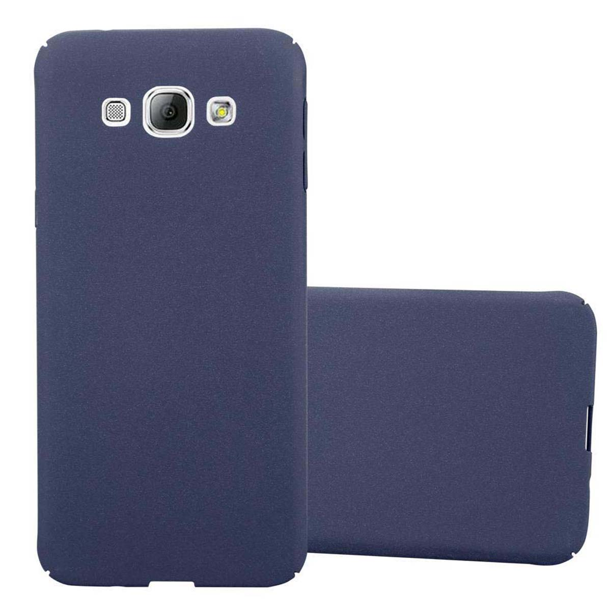 Due custodie blu navy, ciascuna con ritagli per fotocamera e flash, una aperta.