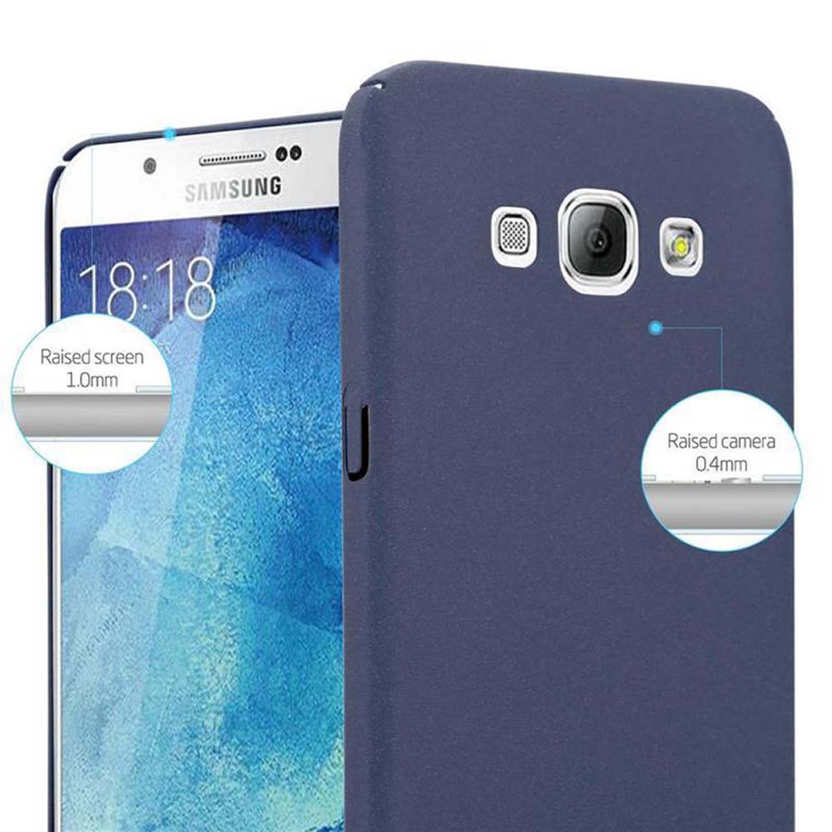 Custodia blu navy con un telefono all'interno. Testo: Schermo rialzato 1.0mm, Fotocamera rialzata 0.4mm. Logo Samsung.