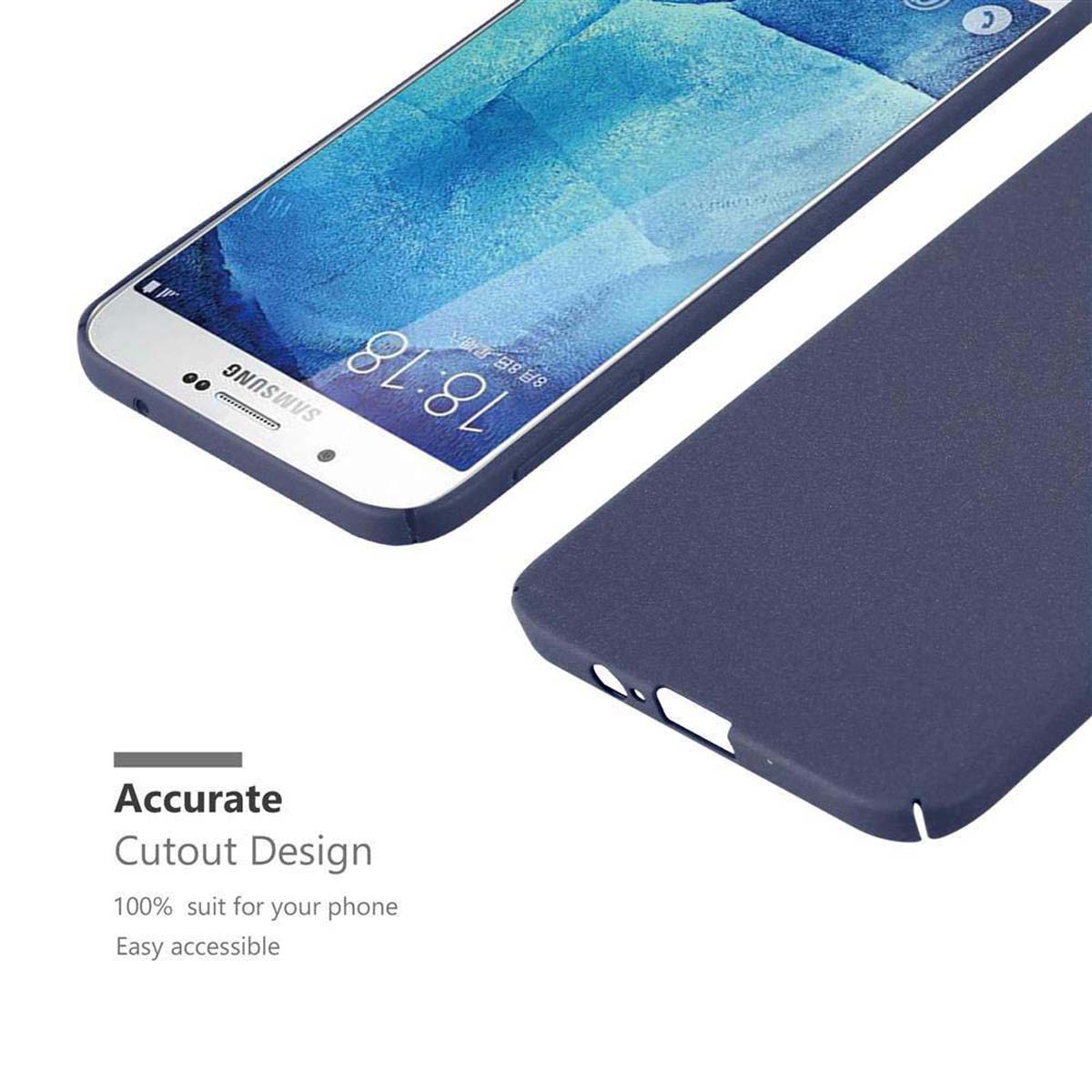 Un telefono con schermo blu e custodia blu. Il telefono mostra l'ora 18:18.