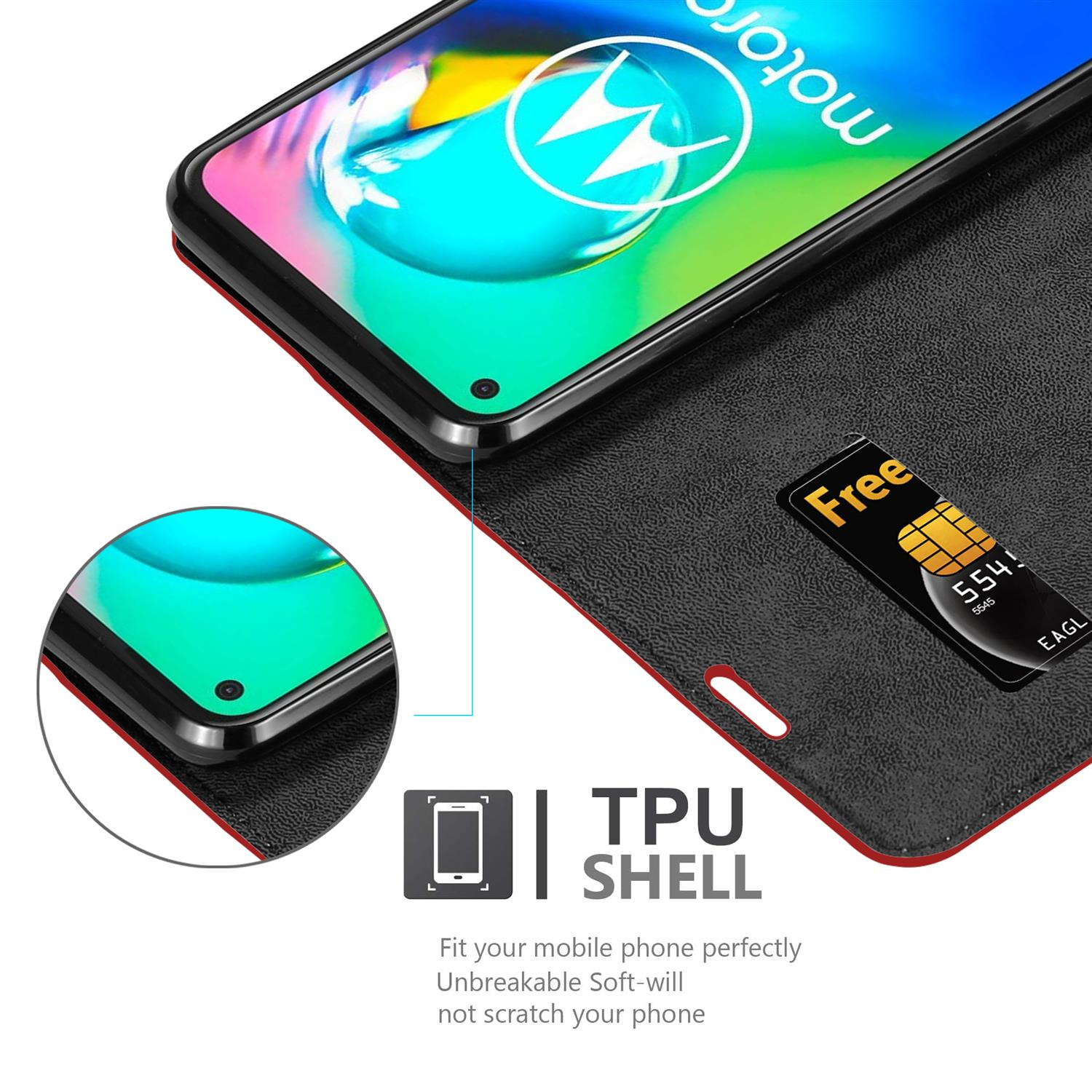 Custodia nera con telefono. Include guscio in TPU, slot per schede e SIM gratuita.