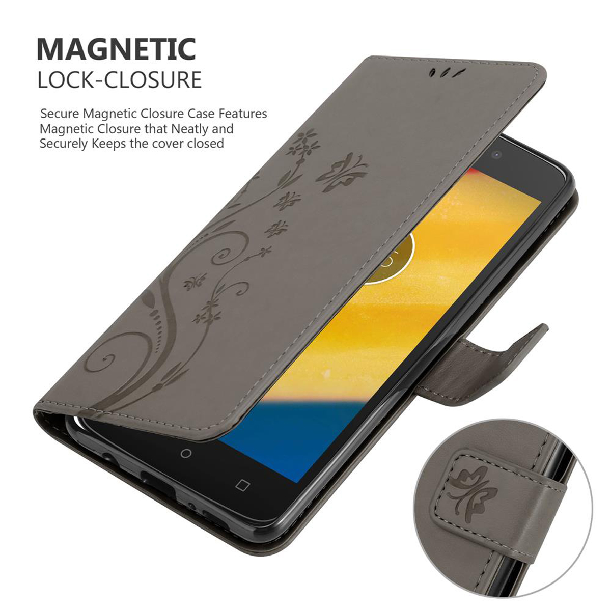 Un telefono in una custodia grigia è aperto, mostrando il telefono e i dettagli. Viene menzionata una chiusura magnetica.