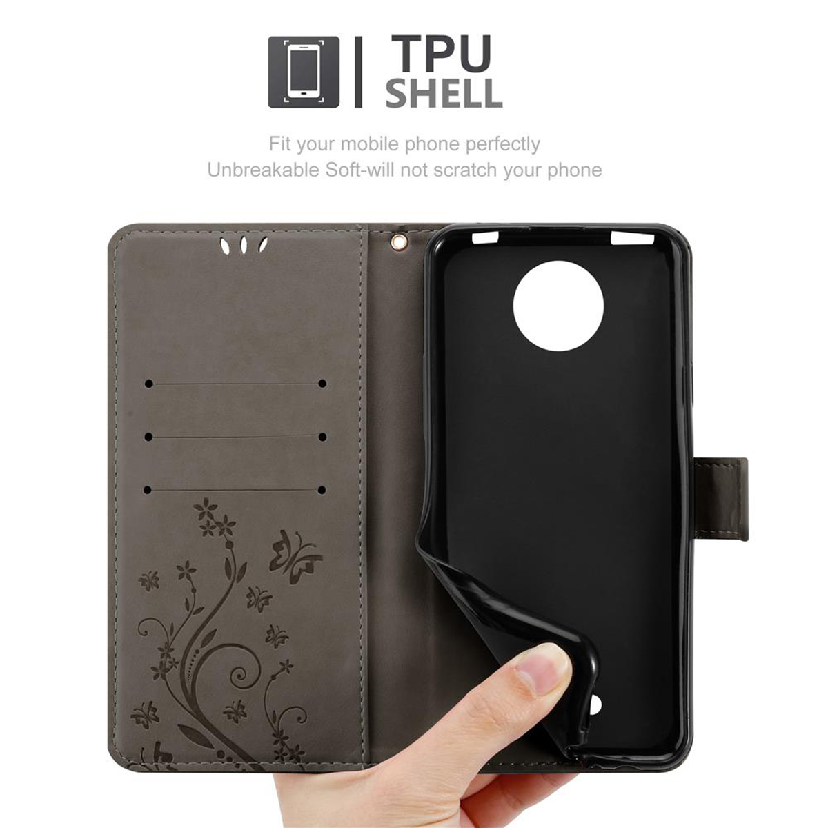 Custodia per telefono grigia aperta, con un telefono nella shell nera. Design floreale sulla custodia, mano che tiene la shell.