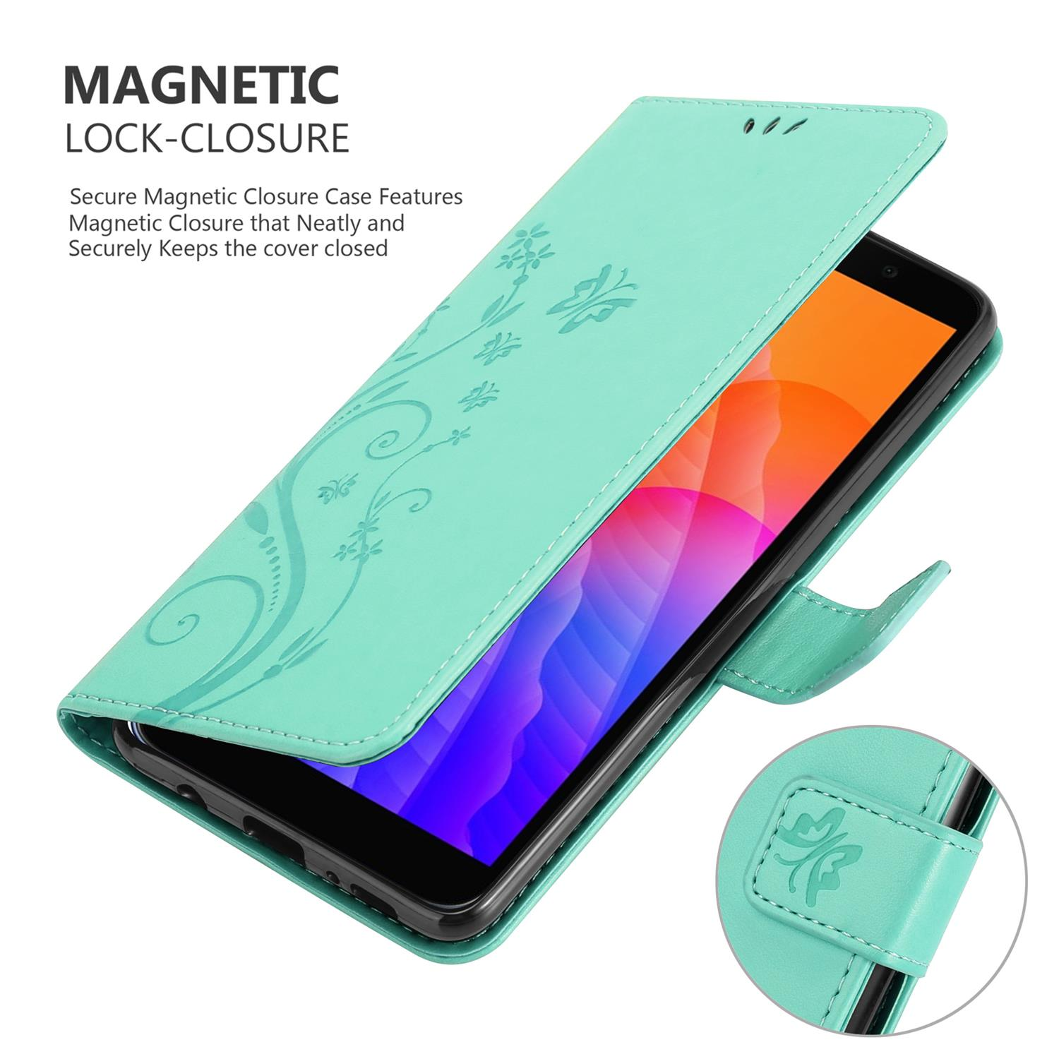 Custodia per telefono turchese con design floreale, aperta. Il telefono ha uno schermo viola.