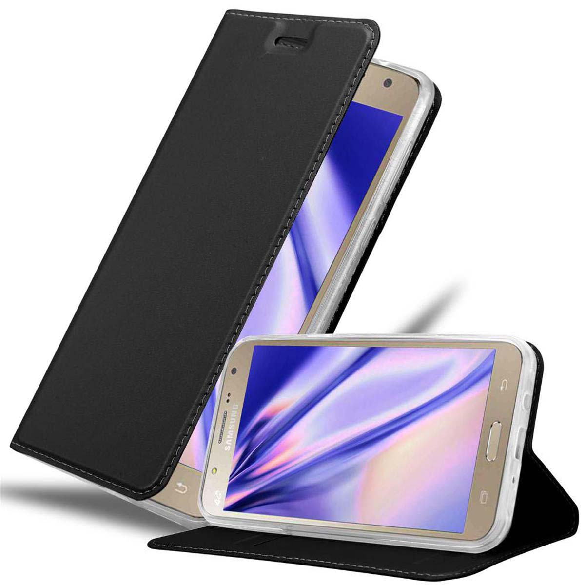 Funda de teléfono negra, abierta, mostrando un teléfono con marco blanco. Otro teléfono visible.