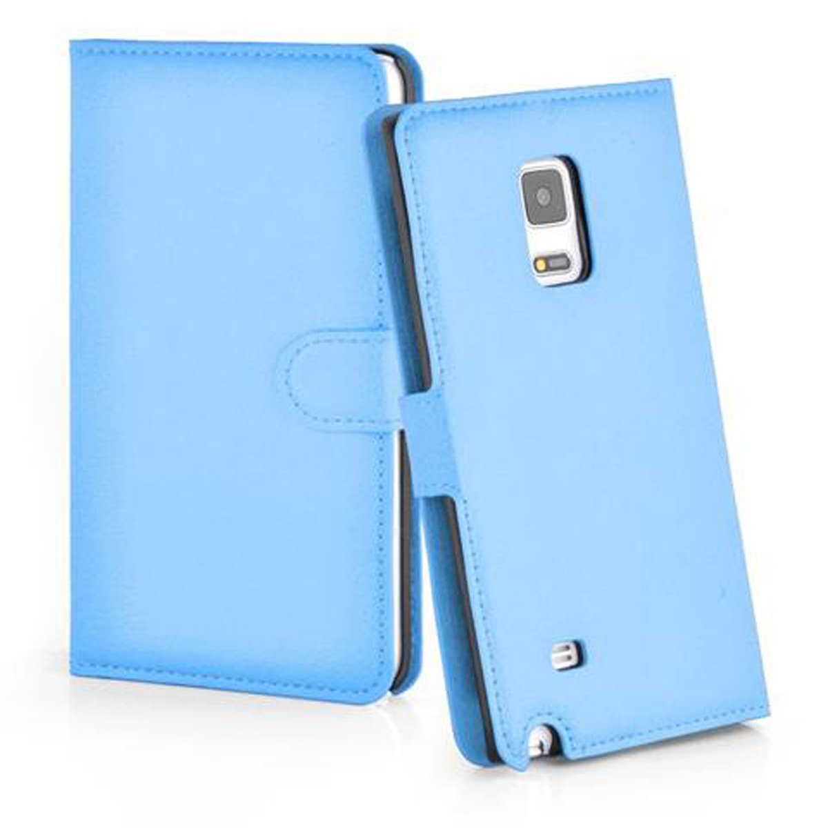 Una custodia per telefono azzurra con un telefono all'interno. La custodia è di tipo folio. Il telefono è visibile.