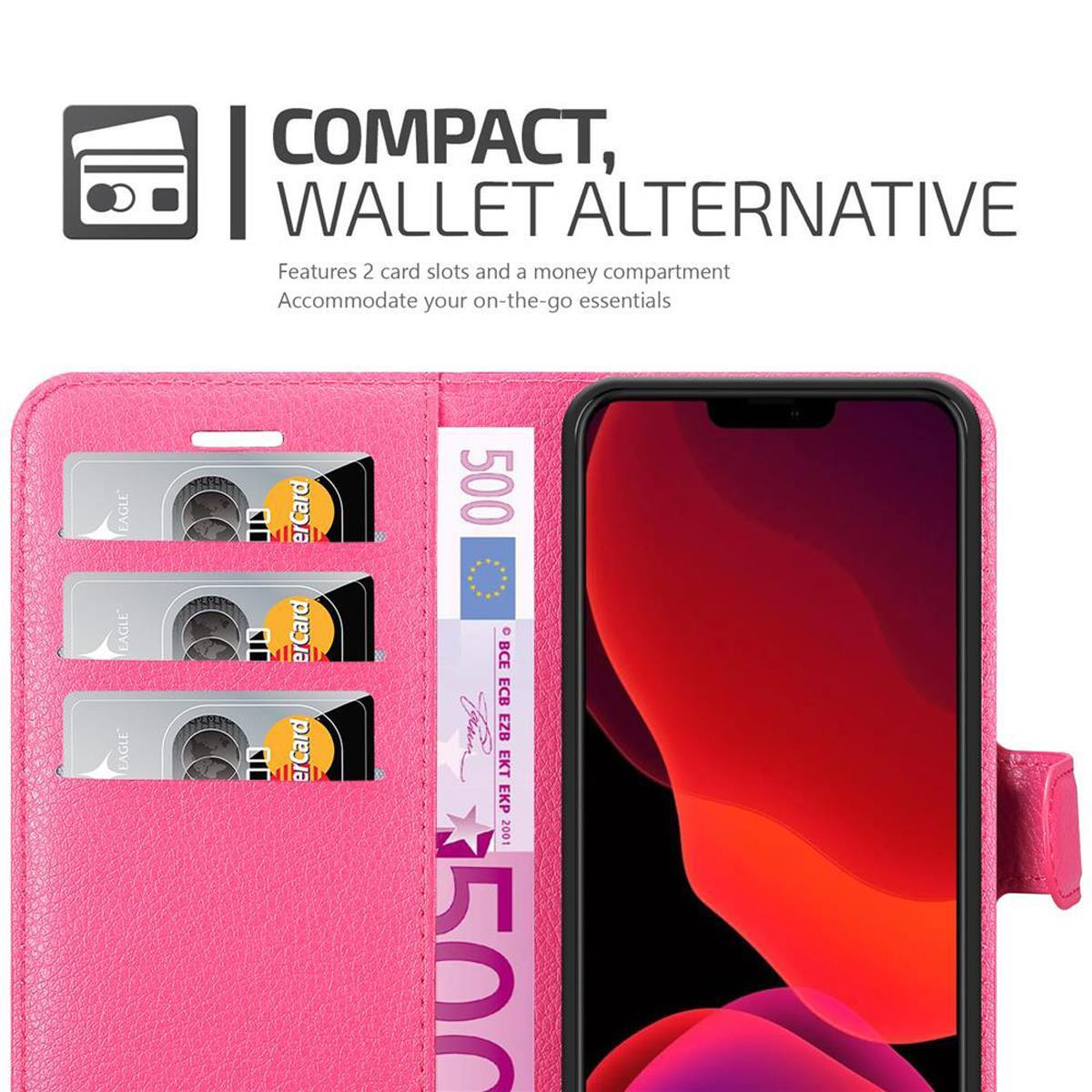 Custodia rosa per telefono, che mostra fessure per carte e denaro. L'alternativa al portafoglio ha due fessure.