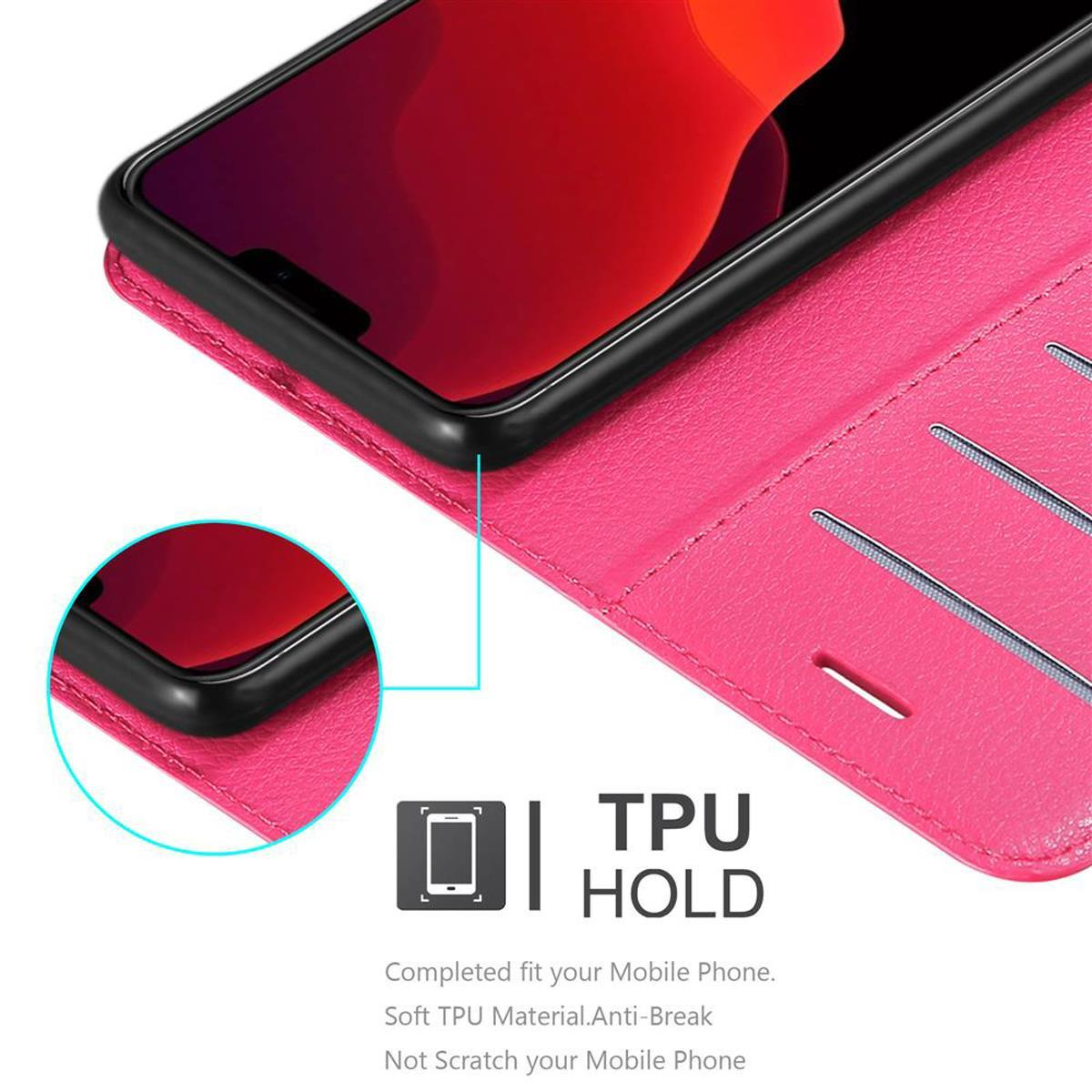 Custodia rosa aperta con telefono all'interno. La custodia ha fessure per carte. Il testo recita: TPU HOLD.