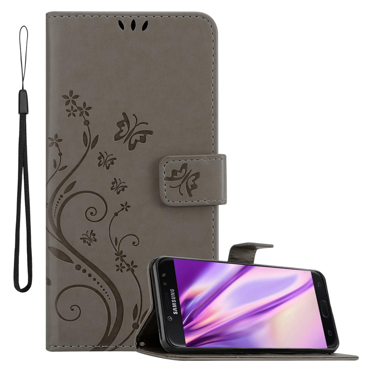Custodia grigia del telefono con design a farfalla aperta, che mostra lo schermo del telefono. Cinturino da polso attaccato. Bianco.