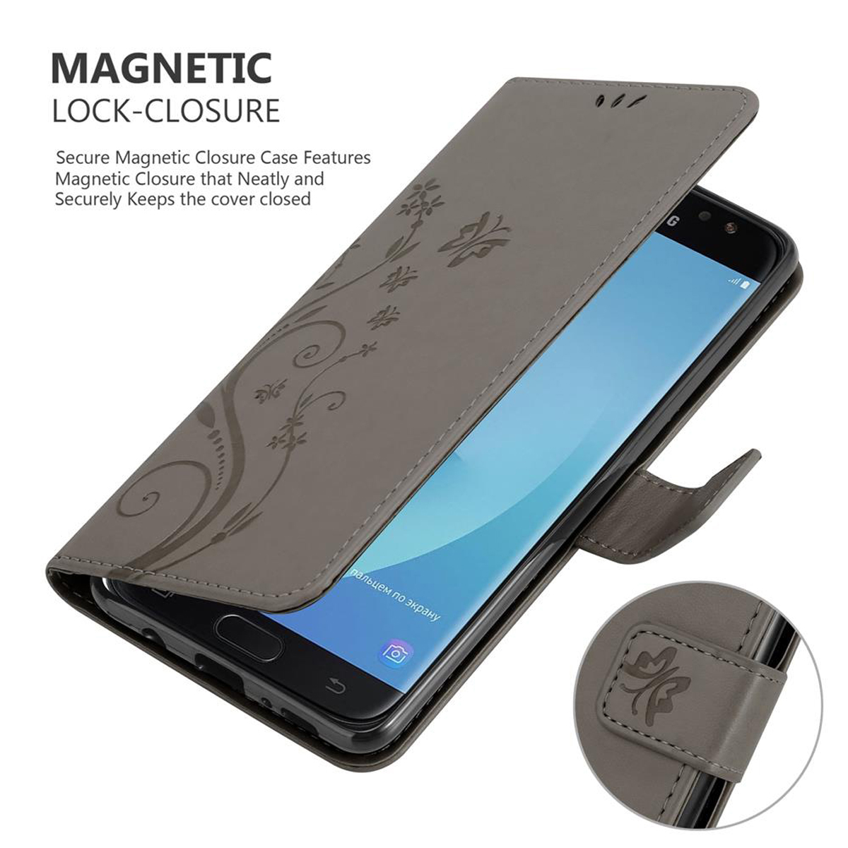Custodia grigia per telefono con design floreale, parzialmente aperta, che mostra un telefono nero.