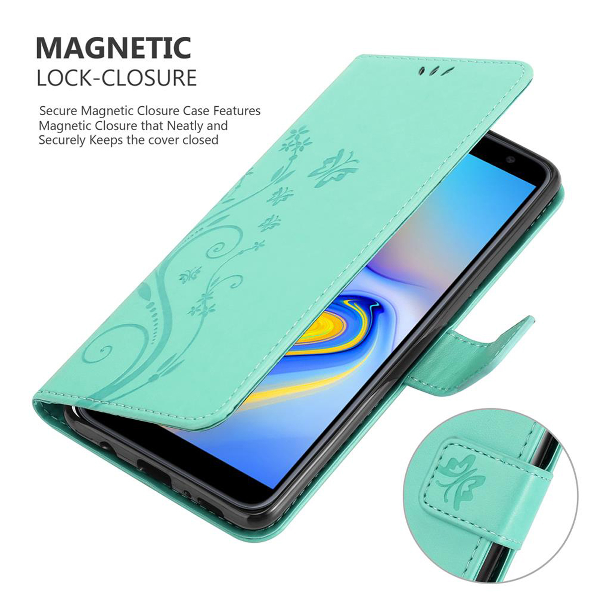 Custodia per telefono verde menta con design floreale, aperta. Telefono e dettagli sono visibili.