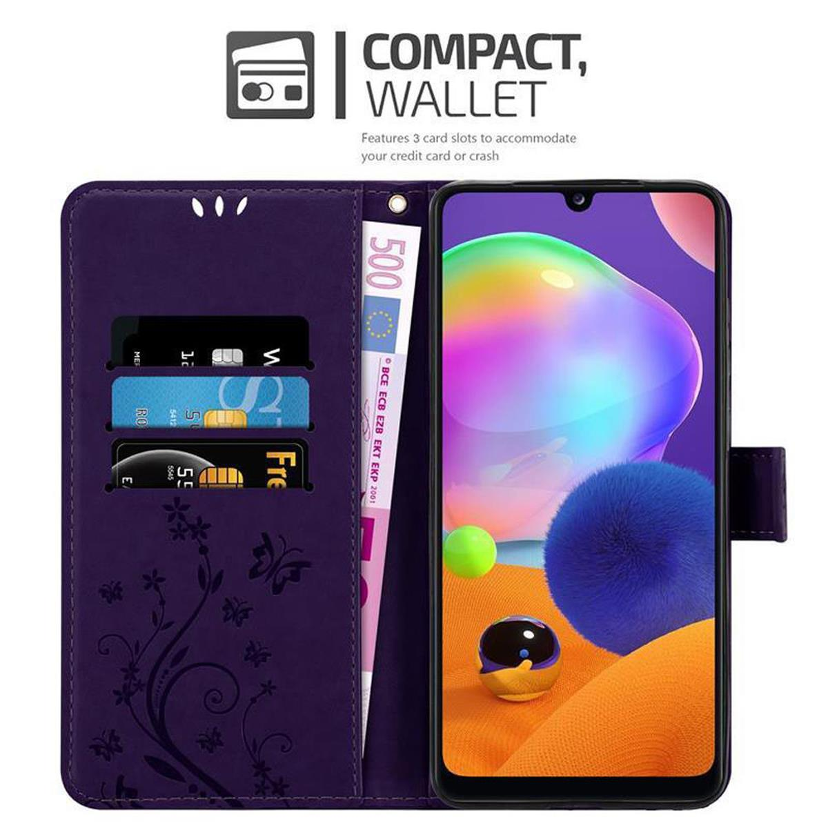 Custodia per telefono viola aperta, con telefono, carte e denaro. Testo: COMPACT, WALLET.