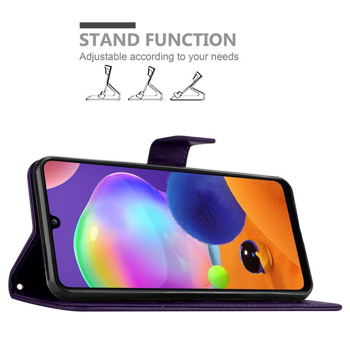 Telefono in custodia viola, con testo e icone della funzione stand.