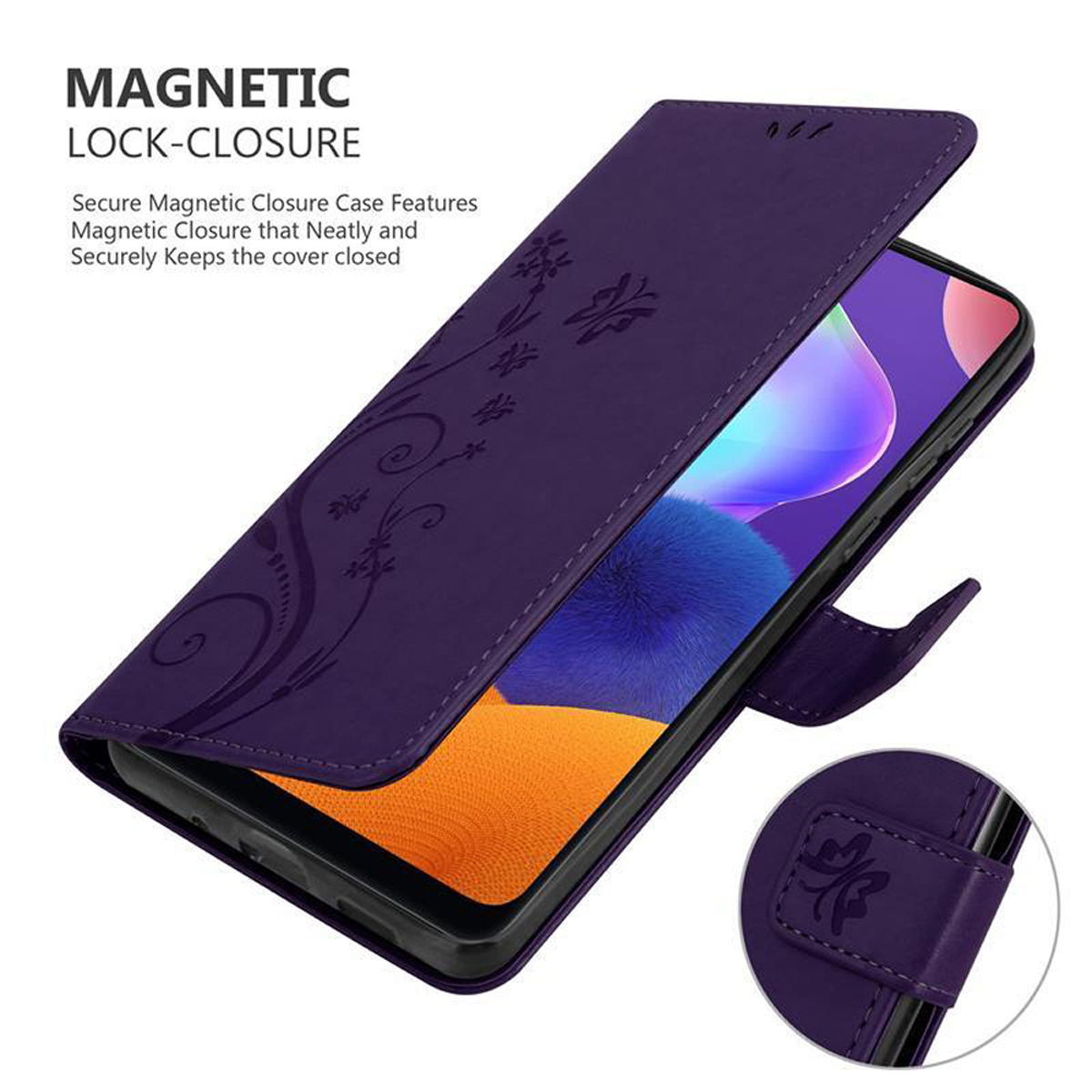 Custodia viola aperta, che mostra un telefono. La custodia ha un design floreale e una chiusura a bottone.