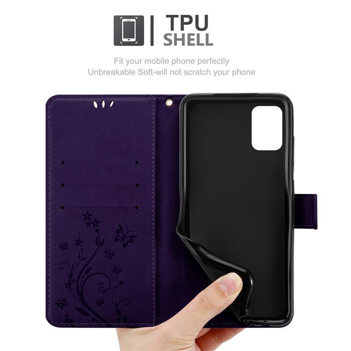 Custodia a portafoglio viola con telefono all'interno e design floreale. Una mano tiene aperta la custodia.