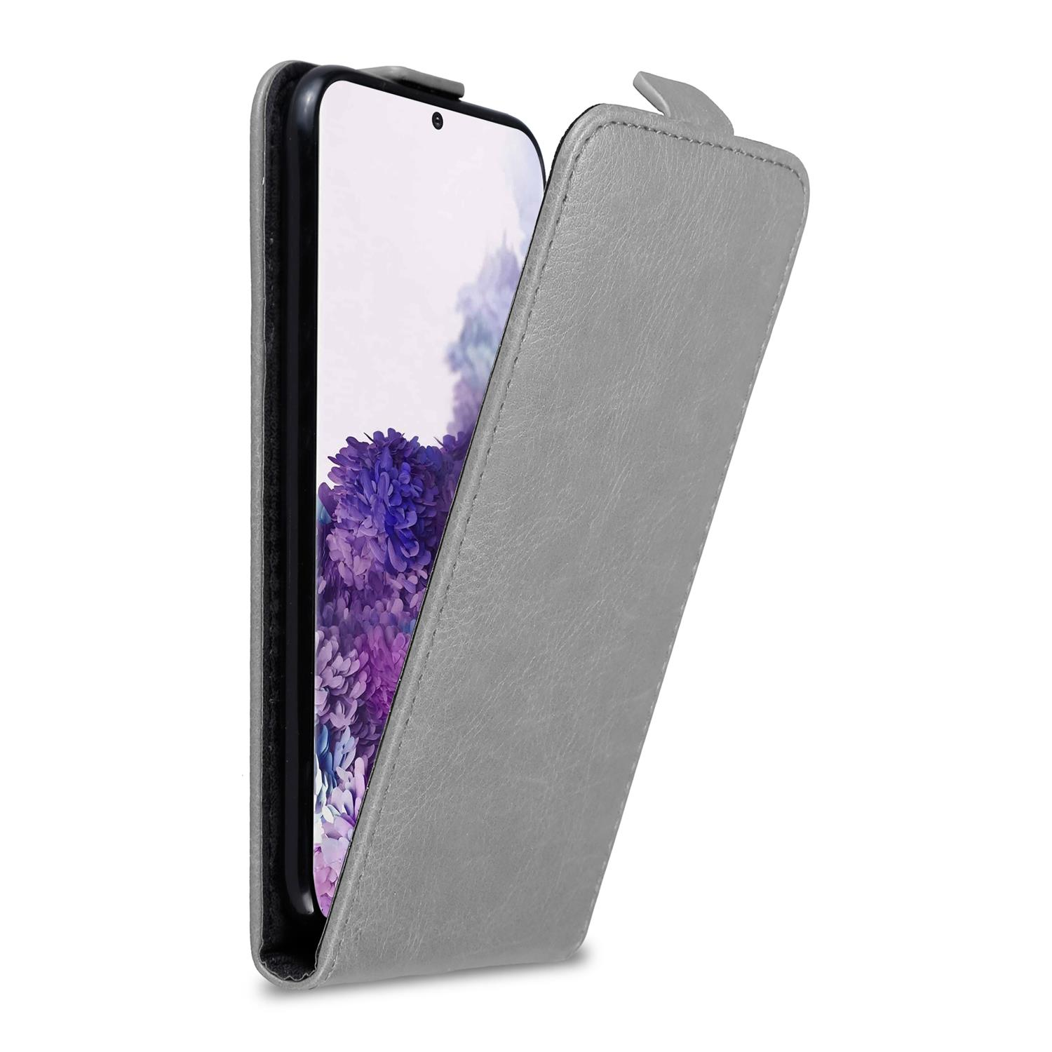 Custodia per telefono grigia con coperchio aperto. Il telefono mostra uno sfondo viola, lavanda e blu.