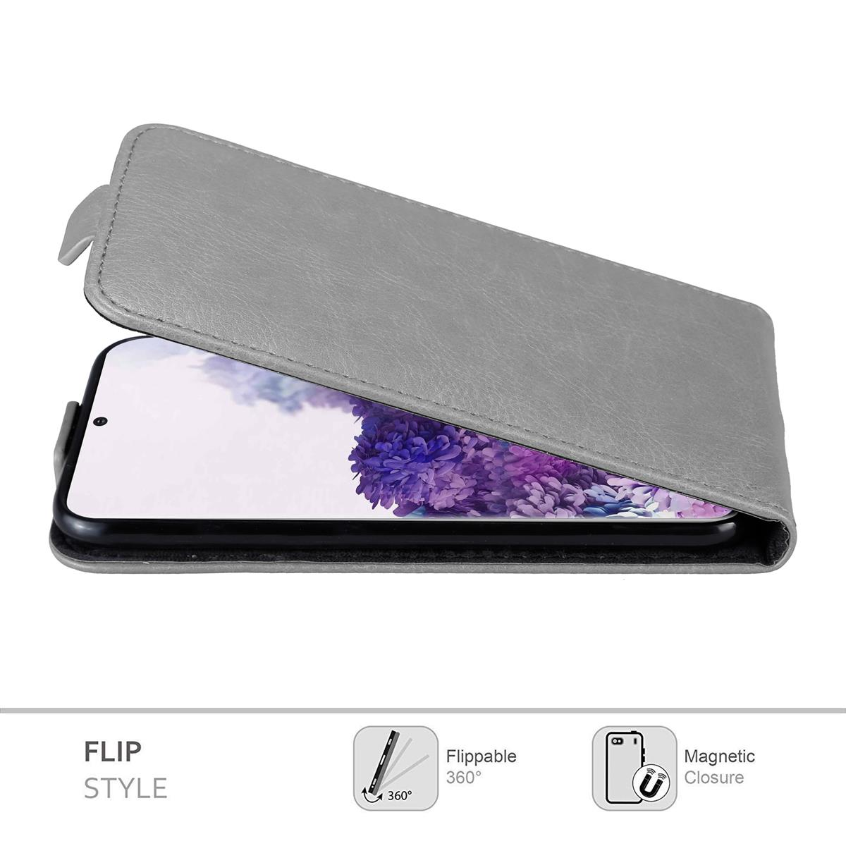 Custodia per telefono grigia, aperta, mostra schermo con immagine viola. Chiusura magnetica.