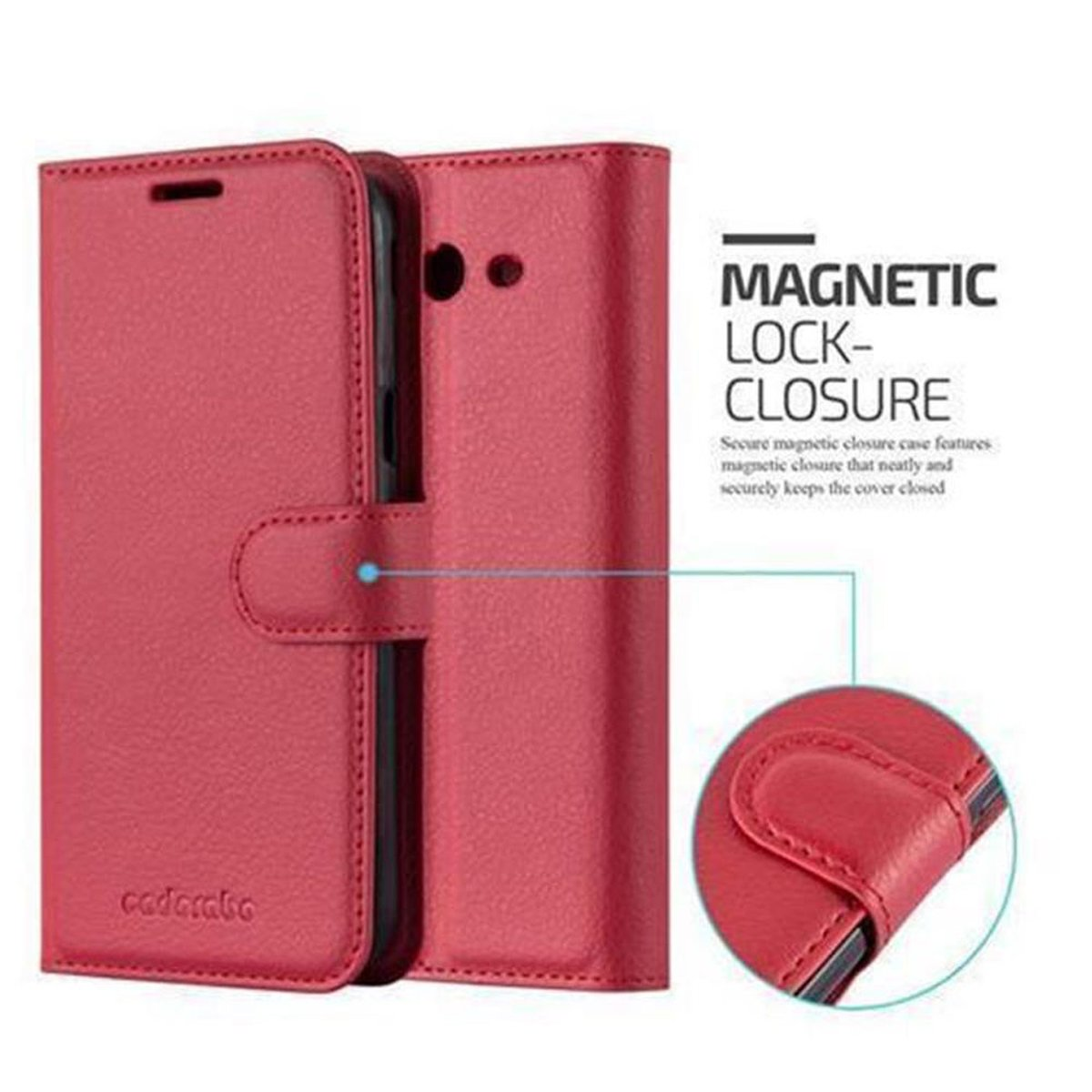 Custodia rossa per telefono, chiusa, con un telefono all'interno. La custodia ha una chiusura magnetica.