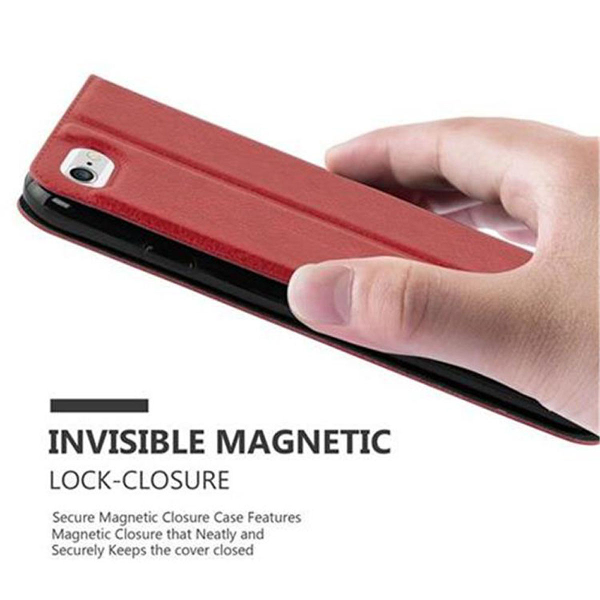 Custodia rossa, chiusa, con una mano che la tiene. La custodia ha una chiusura magnetica pubblicizzata.