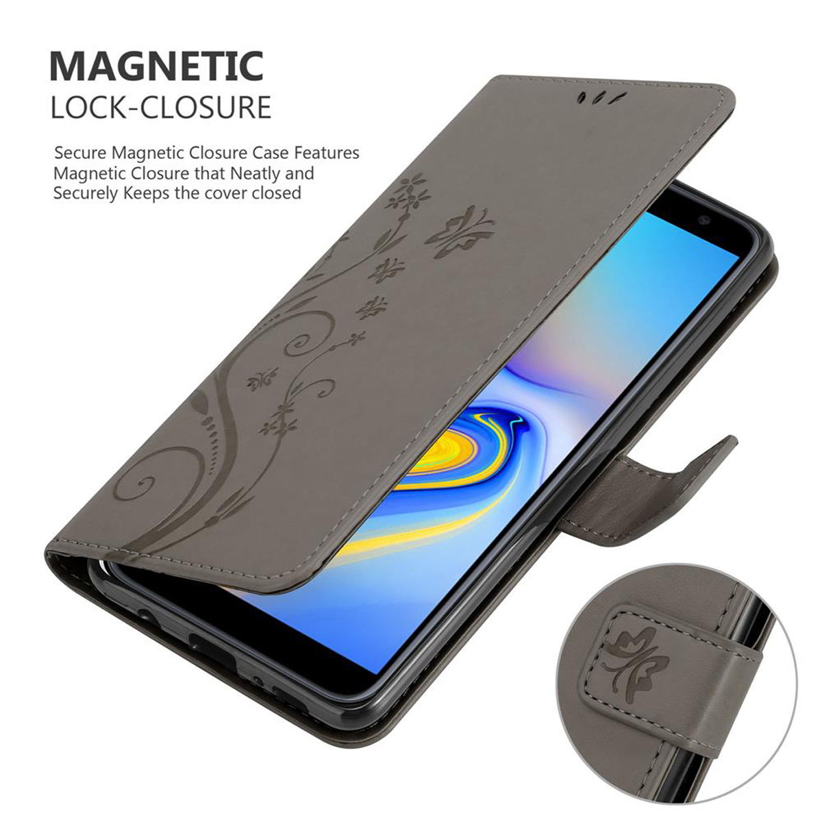 Una custodia per telefono grigia aperta. Il telefono è all'interno. La custodia ha un motivo floreale e chiusura magnetica.