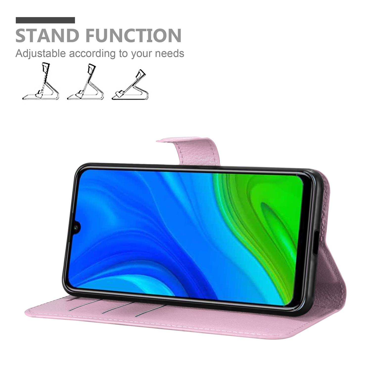 Una custodia per telefono rosa con un telefono che mostra uno schermo blu. Le icone della funzione stand sono sopra.