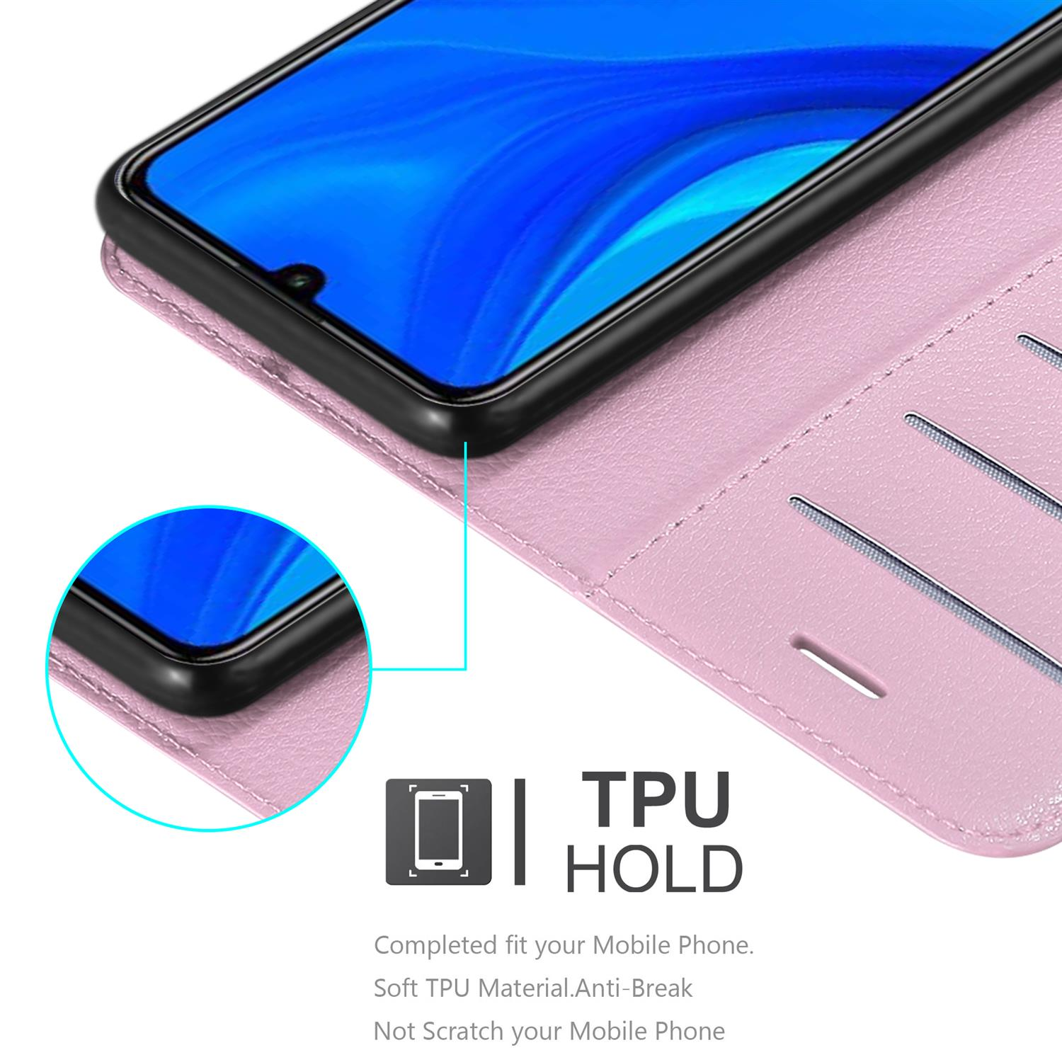 Una custodia per telefono rosa è aperta, con un telefono all'interno. Il testo dice 'TPU HOLD'. Dettagli sul bordo del telefono e sulla cover.
