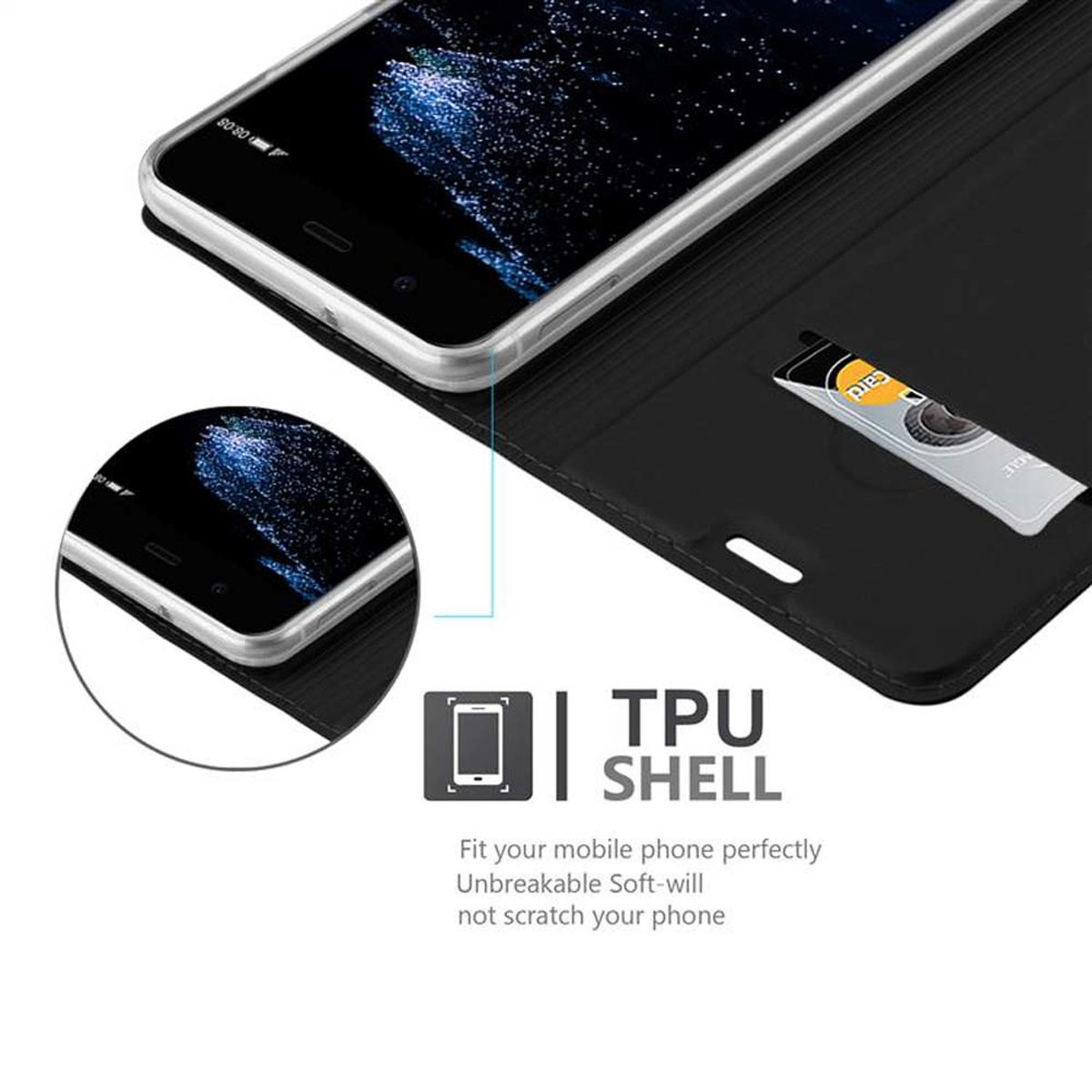 Telefono in custodia nera, carta di credito visibile. La custodia è aperta. Testo: TPU SHELL.