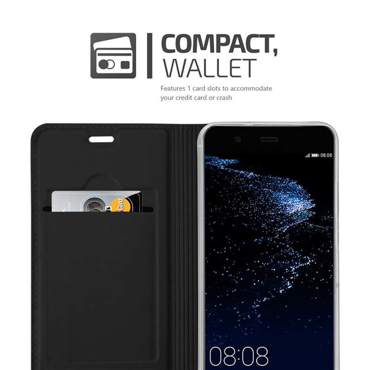 Una custodia nera per telefono con un telefono all'interno. La custodia ha uno slot per carte di credito. Testo: COMPATTO, PORTAFOGLIO.